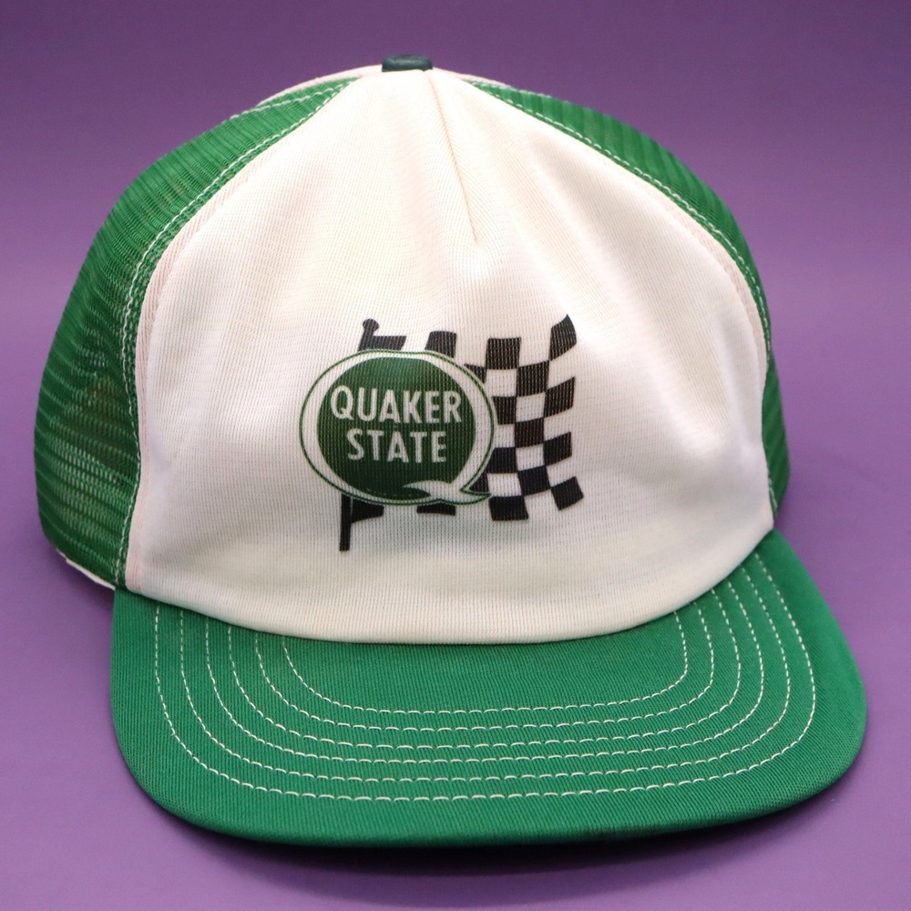 Vtg Quaker State Oil Trucker Hat Racing Flag Green Mesh Snapback Cap Made in USA